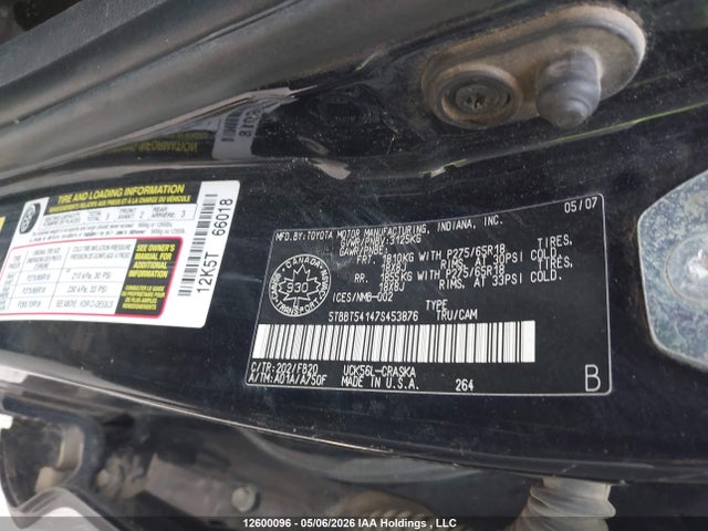 12600096 :رقم المزاد ، 5TBBT54147S453876 vin ، 2007 Toyota Tundra Sr5 4.7l V8 مزاد بيع
