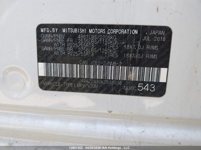 Aukcja sprzedaży 2019 Mitsubishi Outlander Es, vin: JA4AZ2A30KZ603036, numer aukcji: 12601302