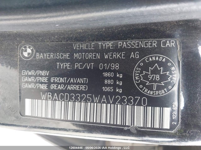 1998 Bmw 328i მანქანა იყიდება აუქციონზე, vin: WBACD3325WAV23370, აუქციონის ნომერი: 12604446