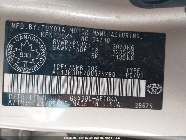 12608995 :رقم المزاد ، 4T1BK3DB7BU375780 vin ، 2011 Toyota Avalon Limited مزاد بيع