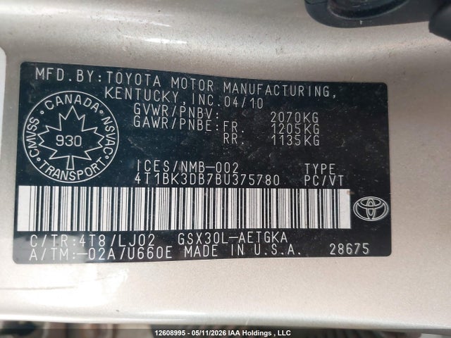 12608995 :رقم المزاد ، 4T1BK3DB7BU375780 vin ، 2011 Toyota Avalon Limited مزاد بيع