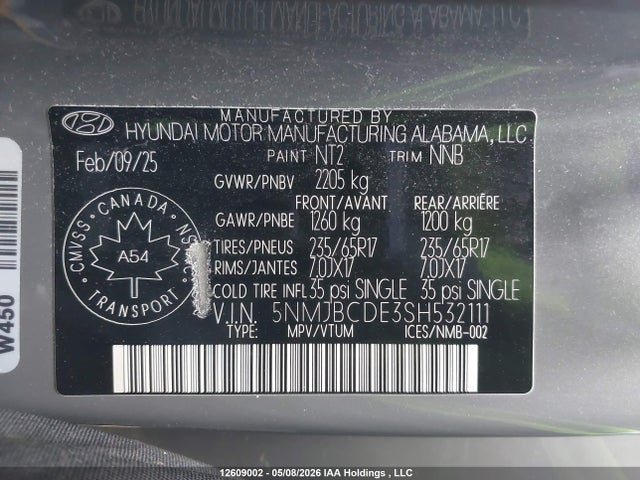 Aukcja sprzedaży 2025 Hyundai Tucson Sel, vin: 5NMJBCDE3SH532111, numer aukcji: 12609002