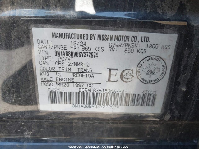 Aukcja sprzedaży 2025 Nissan Sentra S, vin: 3N1AB8BV6SY272974, numer aukcji: 12609006