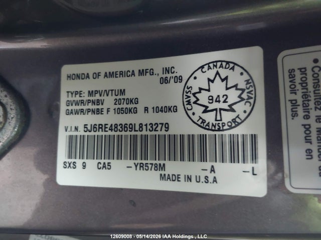 12609008 :رقم المزاد ، 5J6RE48369L813279 vin ، 2009 Honda Cr-v Lx مزاد بيع