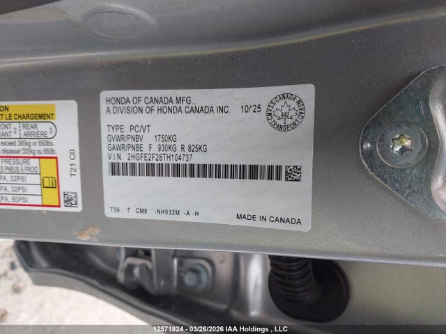 Продажа на аукционе авто 2026 Honda Civic Lx, vin: 2HGFE2F28TH104737, номер лота: 12571824