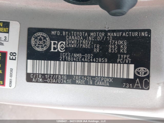 2010 Toyota Corolla Ce მანქანა იყიდება აუქციონზე, vin: 2T1BU4EE4AC442859, აუქციონის ნომერი: 12585421