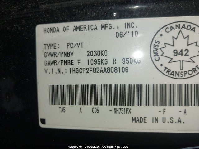 12590979 :رقم المزاد ، 1HGCP2F82AA808106 vin ، 2010 Honda Accord Ex-l مزاد بيع