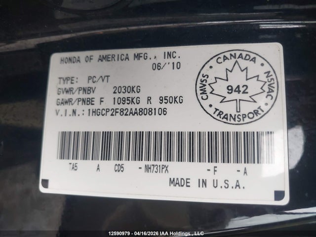 12590979 :رقم المزاد ، 1HGCP2F82AA808106 vin ، 2010 Honda Accord Ex-l مزاد بيع