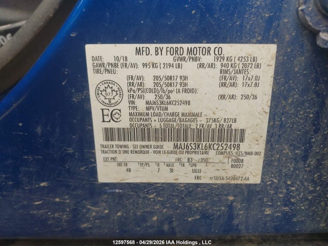 Aukcja sprzedaży 2019 Ford Ecosport Titanium, vin: MAJ6S3KL6KC252498, numer aukcji: 12597568