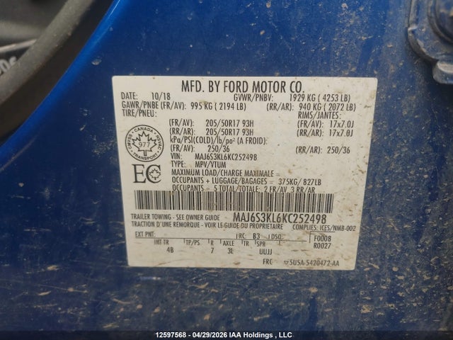 Aukcja sprzedaży 2019 Ford Ecosport Titanium, vin: MAJ6S3KL6KC252498, numer aukcji: 12597568