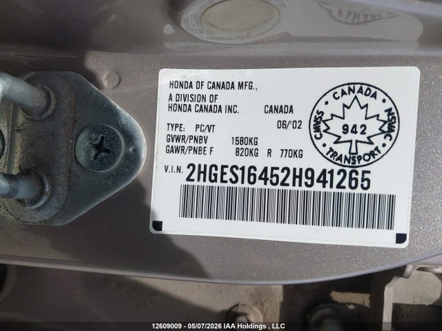 Продаж на аукціоні авто 2002 Honda Civic Dx/dx-g, vin: 2HGES16452H941265, номер лоту: 12609009