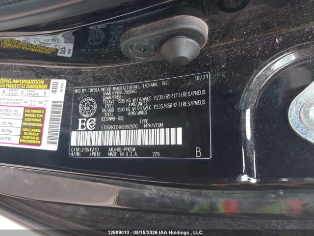 12609010 :رقم المزاد ، 5TDGRKEC4NS082970 vin ، 2022 Toyota Sienna Le 8-passenger مزاد بيع