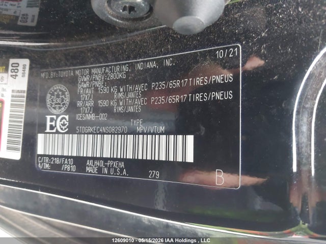12609010 :رقم المزاد ، 5TDGRKEC4NS082970 vin ، 2022 Toyota Sienna Le 8-passenger مزاد بيع