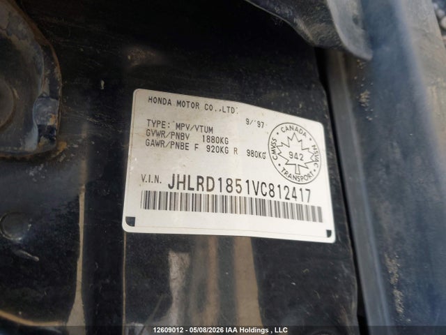 1997 Honda Cr-v Lx მანქანა იყიდება აუქციონზე, vin: JHLRD1851VC812417, აუქციონის ნომერი: 12609012