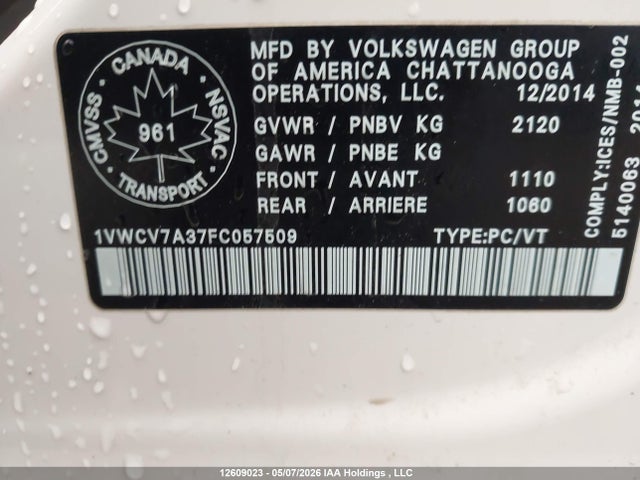 12609023 :رقم المزاد ، 1VWCV7A37FC057509 vin ، 2015 Volkswagen Passat Sel مزاد بيع