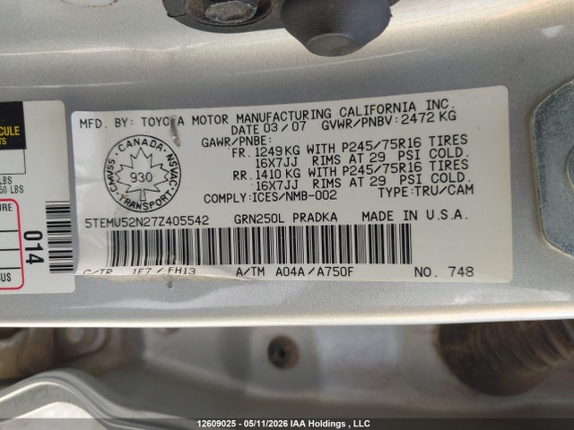 12609025 :رقم المزاد ، 5TEMU52N27Z405542 vin ، 2007 Toyota Tacoma Double Cab Long Bed مزاد بيع
