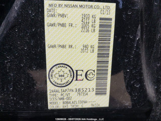 Aukcja sprzedaży 2015 Nissan Altima 2.5/2.5 S/2.5 Sl/2.5 Sv, vin: 1N4AL3AP7FN385213, numer aukcji: 12609028