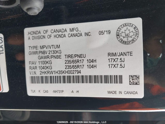 Auction sale of the 2019 Honda Cr-v Lx, vin: 2HKRW1H35KH002794, lot number: 12609029