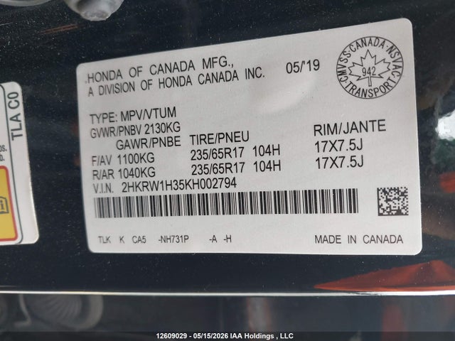 Auction sale of the 2019 Honda Cr-v Lx, vin: 2HKRW1H35KH002794, lot number: 12609029