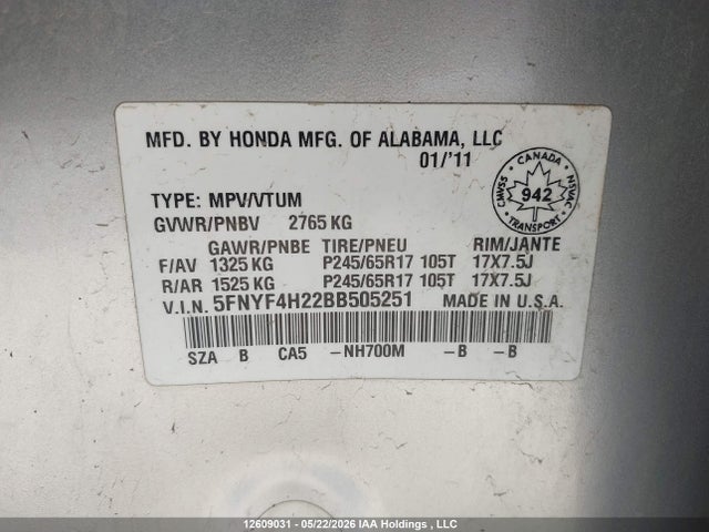 12609031 :رقم المزاد ، 5FNYF4H22BB505251 vin ، 2011 Honda Pilot Lx مزاد بيع