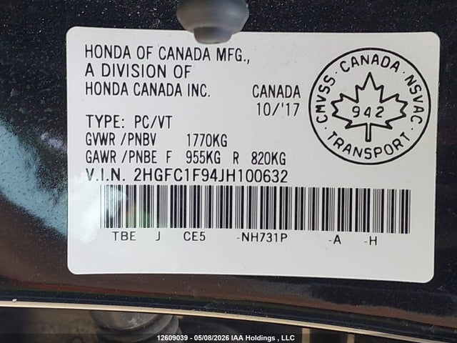 2HGFC1F94JH100632 Honda Civic Touring