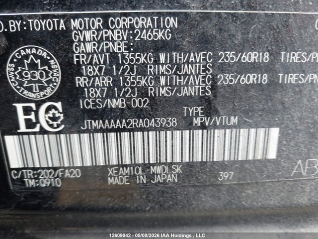 2024 Toyota Bz4x Le მანქანა იყიდება აუქციონზე, vin: JTMAAAAA2RA043938, აუქციონის ნომერი: 12609042