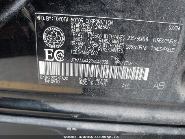 2024 Toyota Bz4x Le მანქანა იყიდება აუქციონზე, vin: JTMAAAAA2RA043938, აუქციონის ნომერი: 12609042