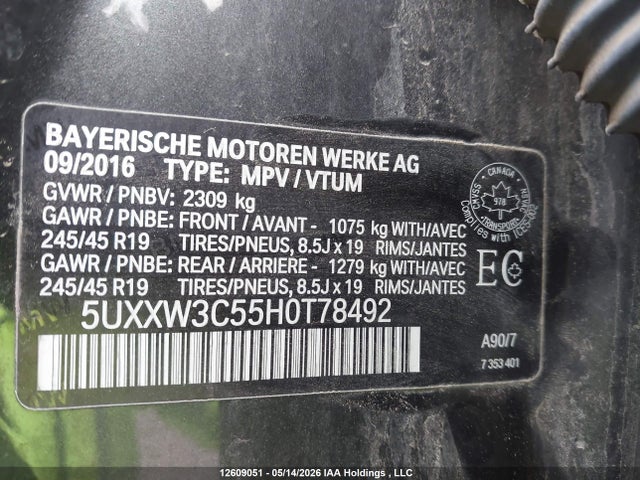 12609051 :رقم المزاد ، 5UXXW3C55H0T78492 vin ، 2017 Bmw X4 Xdrive28i مزاد بيع