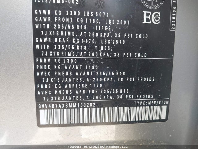 12609055 :رقم المزاد ، 3VV4B7AX8MM139202 vin ، 2021 Volkswagen Tiguan Highline مزاد بيع