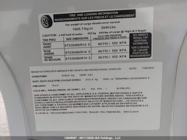 Продажа на аукционе авто 2011 Heartland Recreational, vin: 5SFCG4034BE224403, номер лота: 12609067