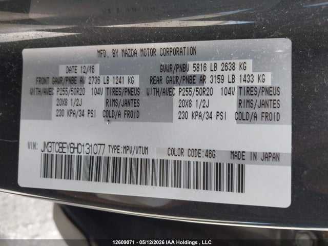 Aukcja sprzedaży 2017 Mazda Cx-9 Signature, vin: JM3TCBEY6H0131077, numer aukcji: 12609071