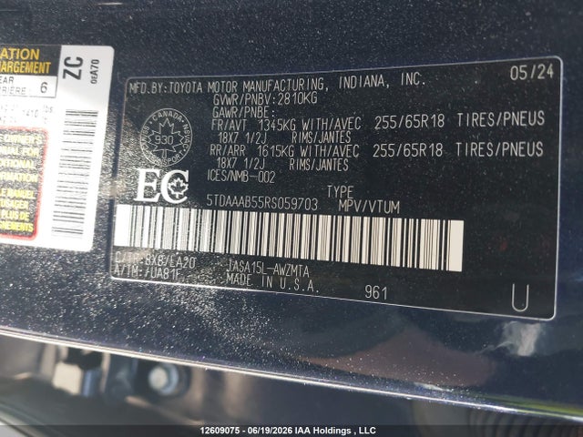 2024 Toyota Grand Highlander Xle მანქანა იყიდება აუქციონზე, vin: 5TDAAAB55RS059703, აუქციონის ნომერი: 12609075