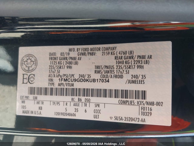12609078 :رقم المزاد ، 1FMCU9GD0KUB17034 vin ، 2019 Ford Escape Se مزاد بيع