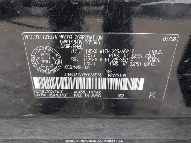 12609079 :رقم المزاد ، JTMBD31VX86088573 vin ، 2008 Toyota Rav4 Limited مزاد بيع