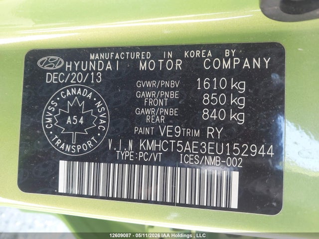 12609087 :رقم المزاد ، KMHCT5AE3EU152944 vin ، 2014 Hyundai Accent Gl مزاد بيع