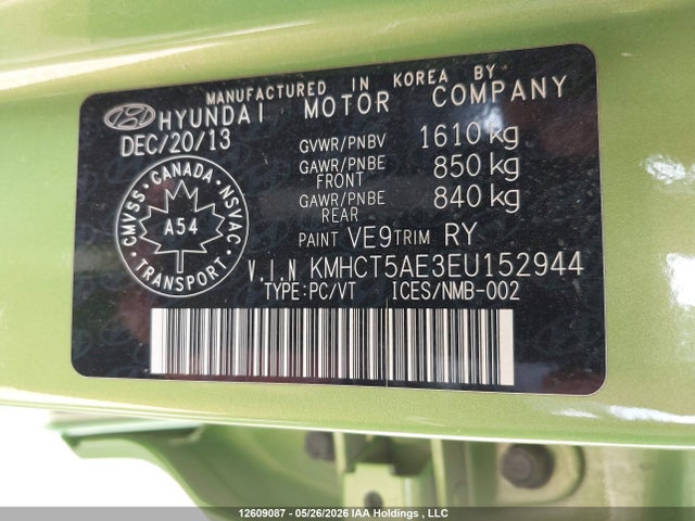 12609087 :رقم المزاد ، KMHCT5AE3EU152944 vin ، 2014 Hyundai Accent Gl مزاد بيع