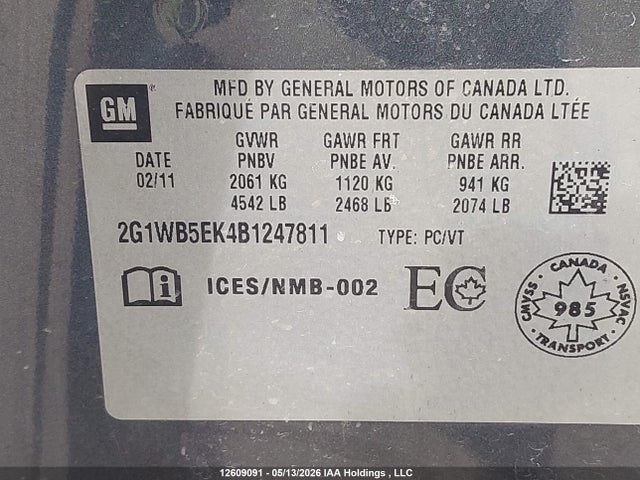 2011 Chevrolet Impala Lt მანქანა იყიდება აუქციონზე, vin: 2G1WB5EK4B1247811, აუქციონის ნომერი: 12609091
