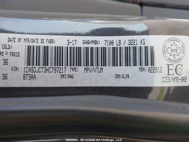 12609093 :رقم المزاد ، 1C4SDJCT3HC797217 vin ، 2017 Dodge Durango R/t مزاد بيع