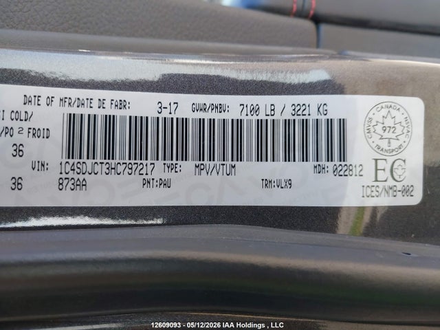 12609093 :رقم المزاد ، 1C4SDJCT3HC797217 vin ، 2017 Dodge Durango R/t مزاد بيع