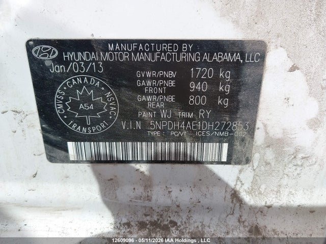 2013 Hyundai Elantra მანქანა იყიდება აუქციონზე, vin: 5NPDH4AE1DH272853, აუქციონის ნომერი: 12609096