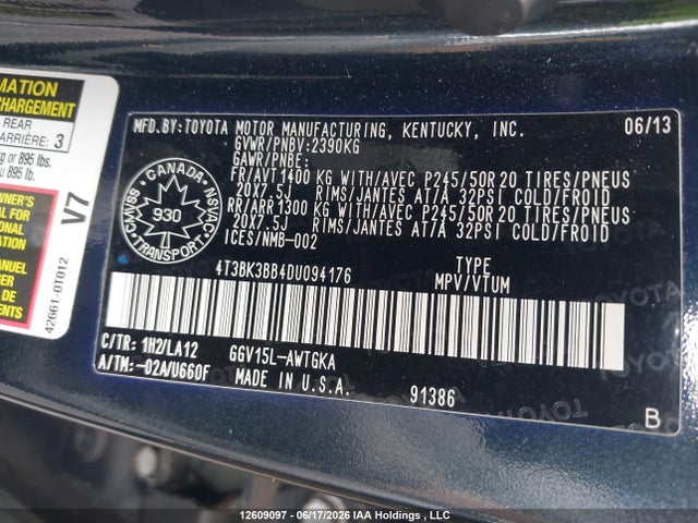2013 Toyota Venza მანქანა იყიდება აუქციონზე, vin: 4T3BK3BB4DU094176, აუქციონის ნომერი: 12609097
