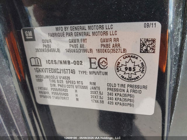 Продаж на аукціоні авто 2012 Gmc Acadia Denali, vin: 1GKKVTEDXCJ167749, номер лоту: 12609100