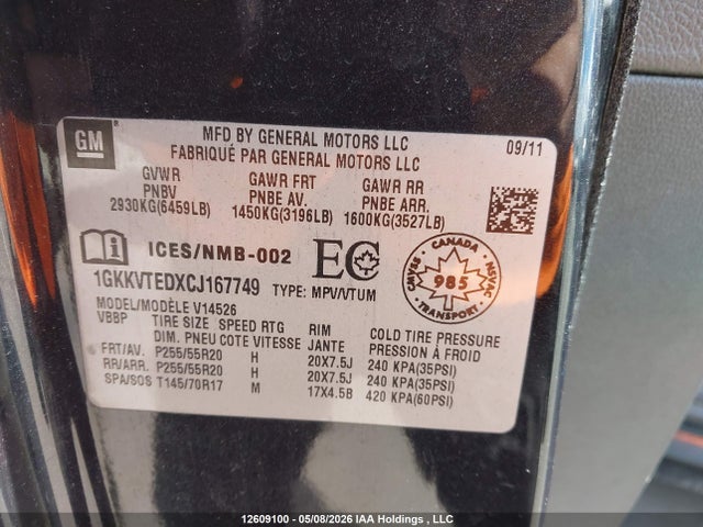 Продаж на аукціоні авто 2012 Gmc Acadia Denali, vin: 1GKKVTEDXCJ167749, номер лоту: 12609100