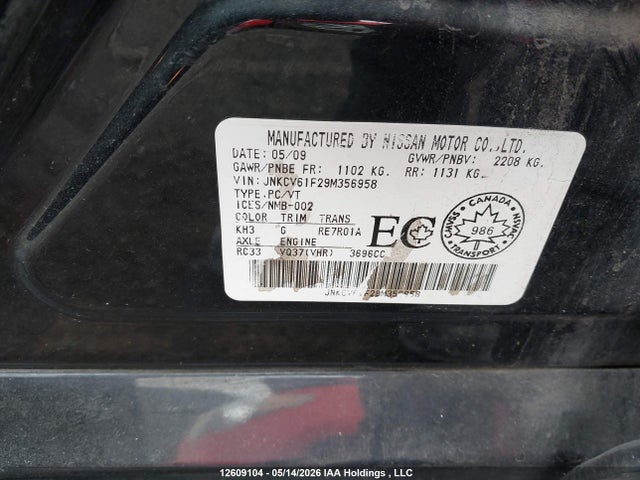 Aukcja sprzedaży 2009 Infiniti G37x, vin: JNKCV61F29M356958, numer aukcji: 12609104