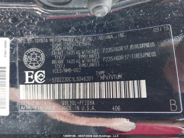 12609106 :رقم المزاد ، 5TDZZ3DC1LS046201 vin ، 2020 Toyota Sienna L مزاد بيع