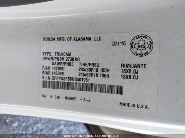 5FPYK3F59HB501961 Honda Ridgeline Rtl