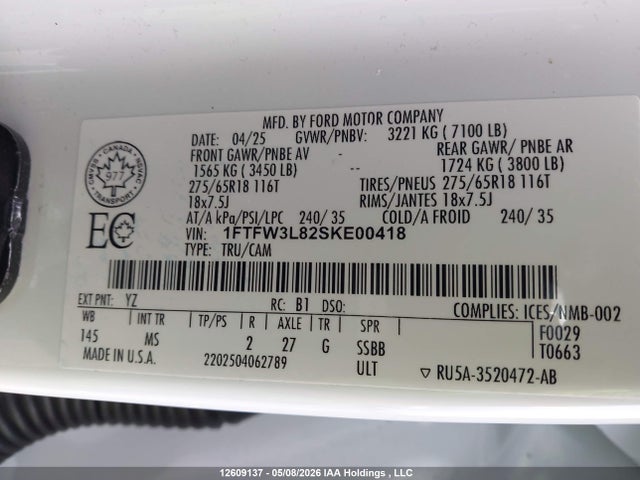 Продажа на аукционе авто 2025 Ford F150 Xlt, vin: 1FTFW3L82SKE00418, номер лота: 12609137