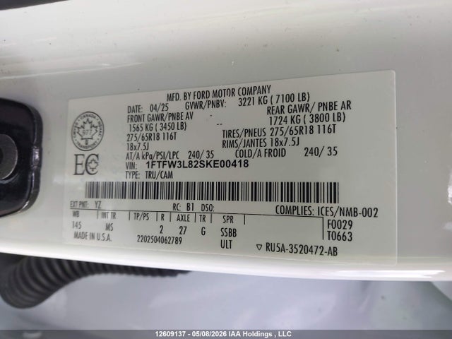 Продажа на аукционе авто 2025 Ford F150 Xlt, vin: 1FTFW3L82SKE00418, номер лота: 12609137