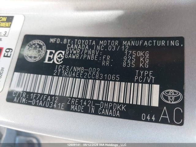 12609141 :رقم المزاد ، 2T1KU4EE2CC831065 vin ، 2012 Toyota Matrix مزاد بيع