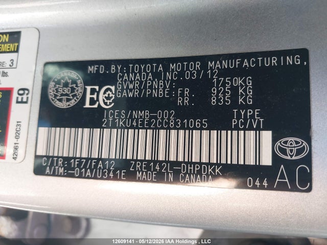 12609141 :رقم المزاد ، 2T1KU4EE2CC831065 vin ، 2012 Toyota Matrix مزاد بيع
